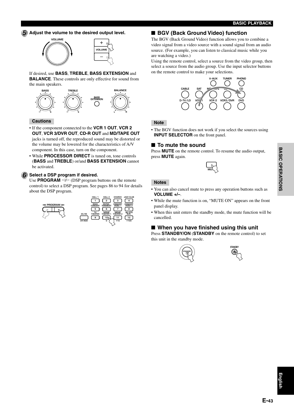 Bgv (back ground video) function, When you have finished using this unit, 43 b asic opera tions english | Yamaha DSP-AZ1 User Manual | Page 45 / 110