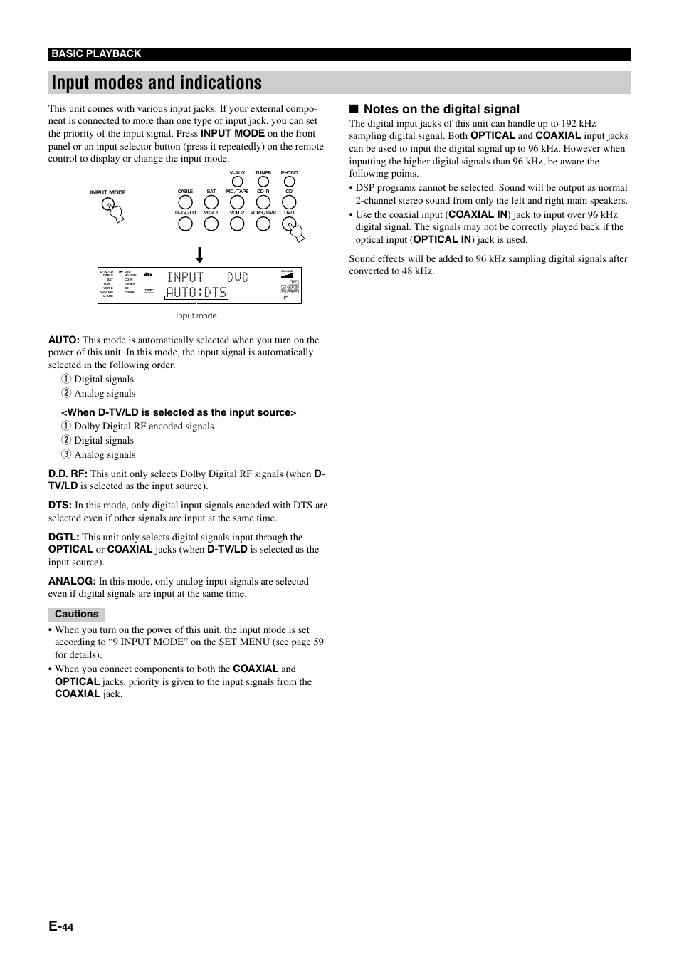 Input modes and indications, Input dvd auto:dts, 44 basic playback | Yamaha DSP-AZ1 User Manual | Page 46 / 110