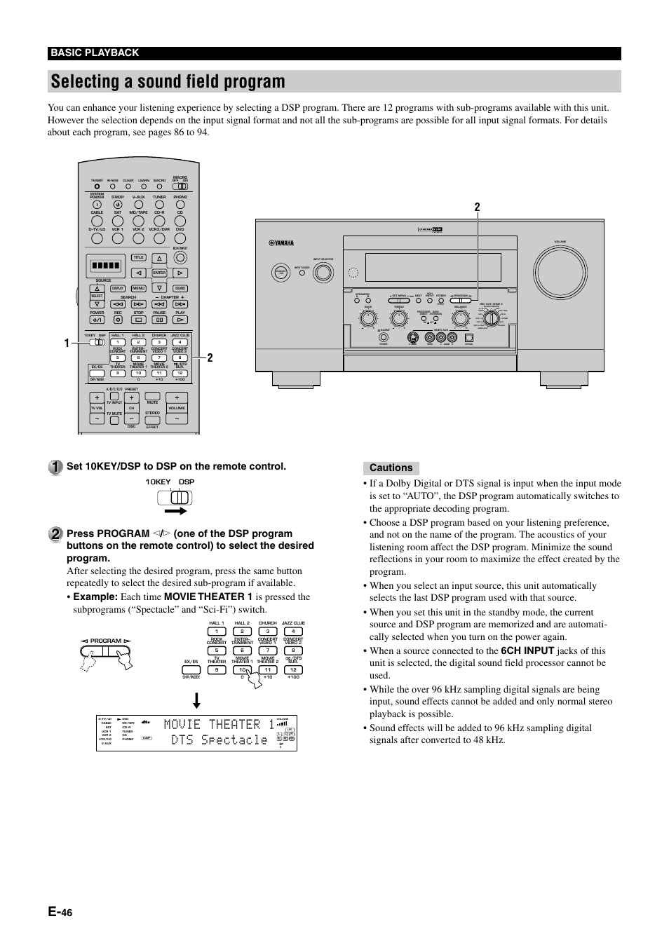Selecting a sound field program, Movie theater 1 dts spectacle, 46 basic playback | Set 10key/dsp to dsp on the remote control | Yamaha DSP-AZ1 User Manual | Page 48 / 110