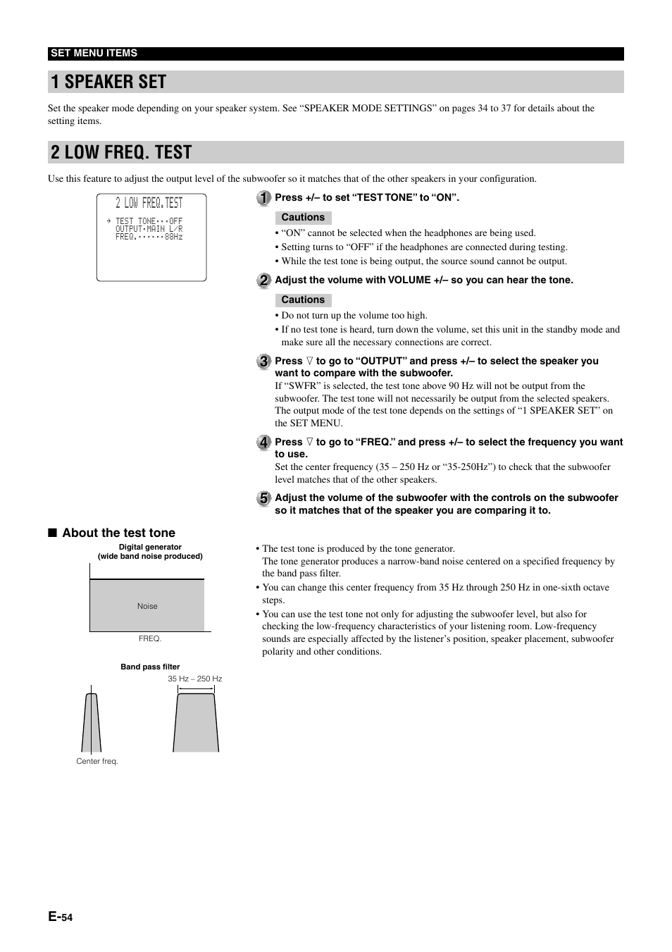 1 speaker set, 2 low freq. test, 2 low freq.test | Yamaha DSP-AZ1 User Manual | Page 56 / 110