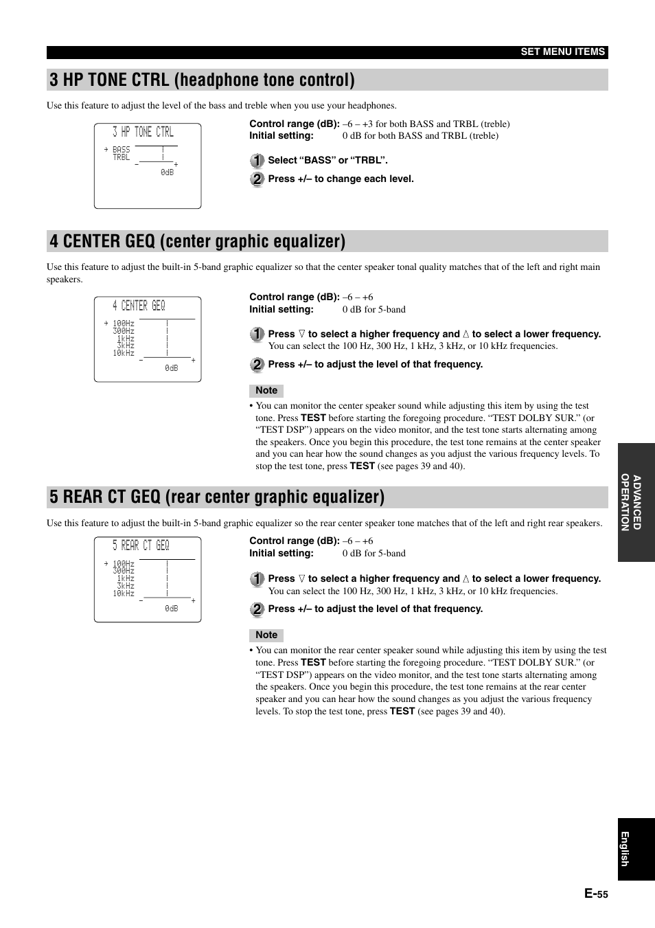 3 hp tone ctrl (headphone tone control), 4 center geq (center graphic equalizer), 5 rear ct geq (rear center graphic equalizer) | 3 hp tone ctrl, 4 center geq, 5 rear ct geq | Yamaha DSP-AZ1 User Manual | Page 57 / 110