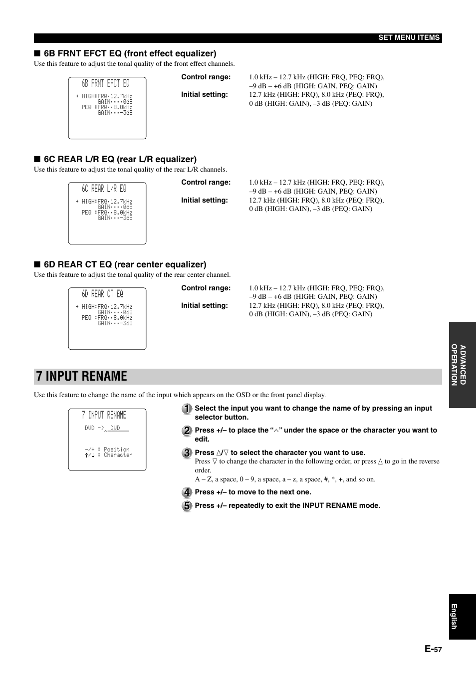 7 input rename, 6b frnt efct eq, 6c rear l/r eq | 6d rear ct eq | Yamaha DSP-AZ1 User Manual | Page 59 / 110
