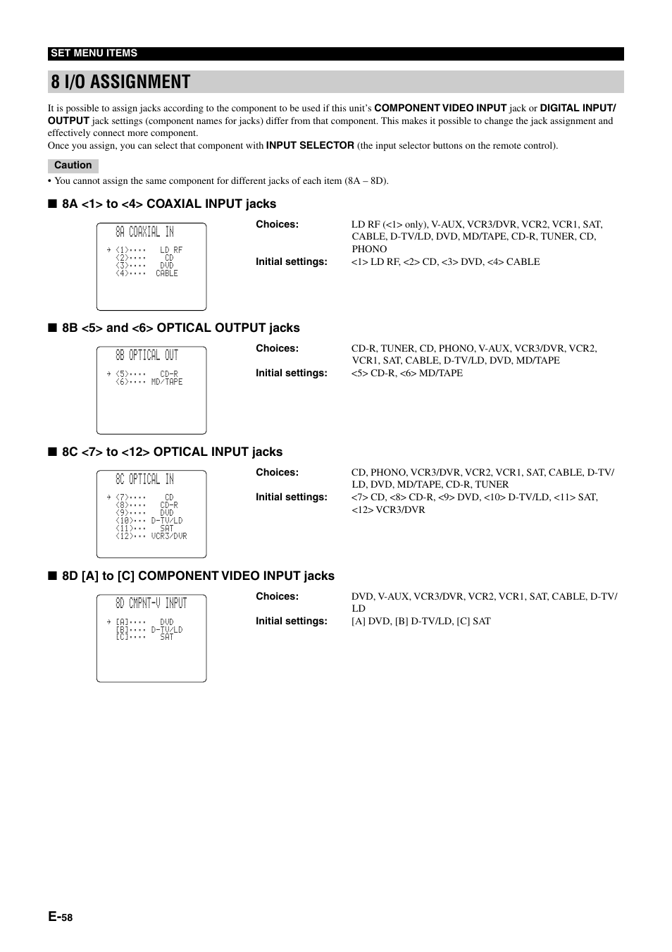 8 i/o assignment, 8a coaxial in, 8b optical out | 8c optical in, 8d cmpnt-v input | Yamaha DSP-AZ1 User Manual | Page 60 / 110