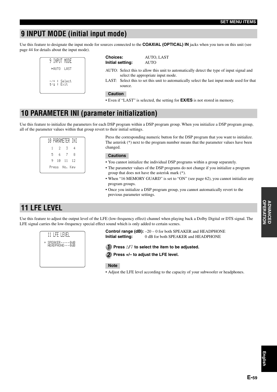 9 input mode (initial input mode), 10 parameter ini (parameter initialization), 11 lfe level | 9 input mode, 10 parameter ini | Yamaha DSP-AZ1 User Manual | Page 61 / 110