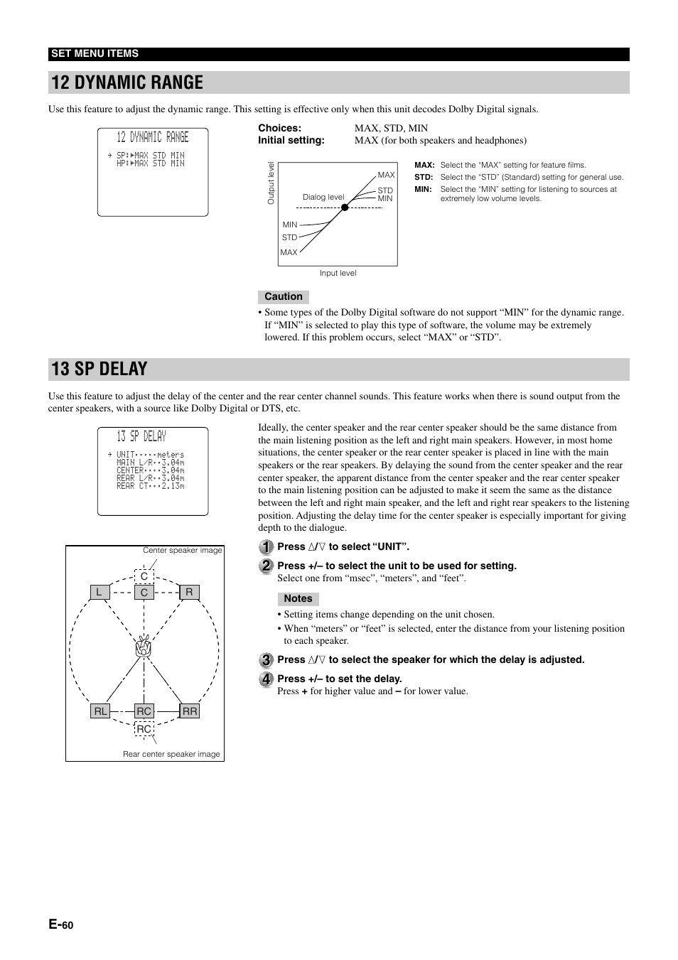 12 dynamic range, 13 sp delay | Yamaha DSP-AZ1 User Manual | Page 62 / 110