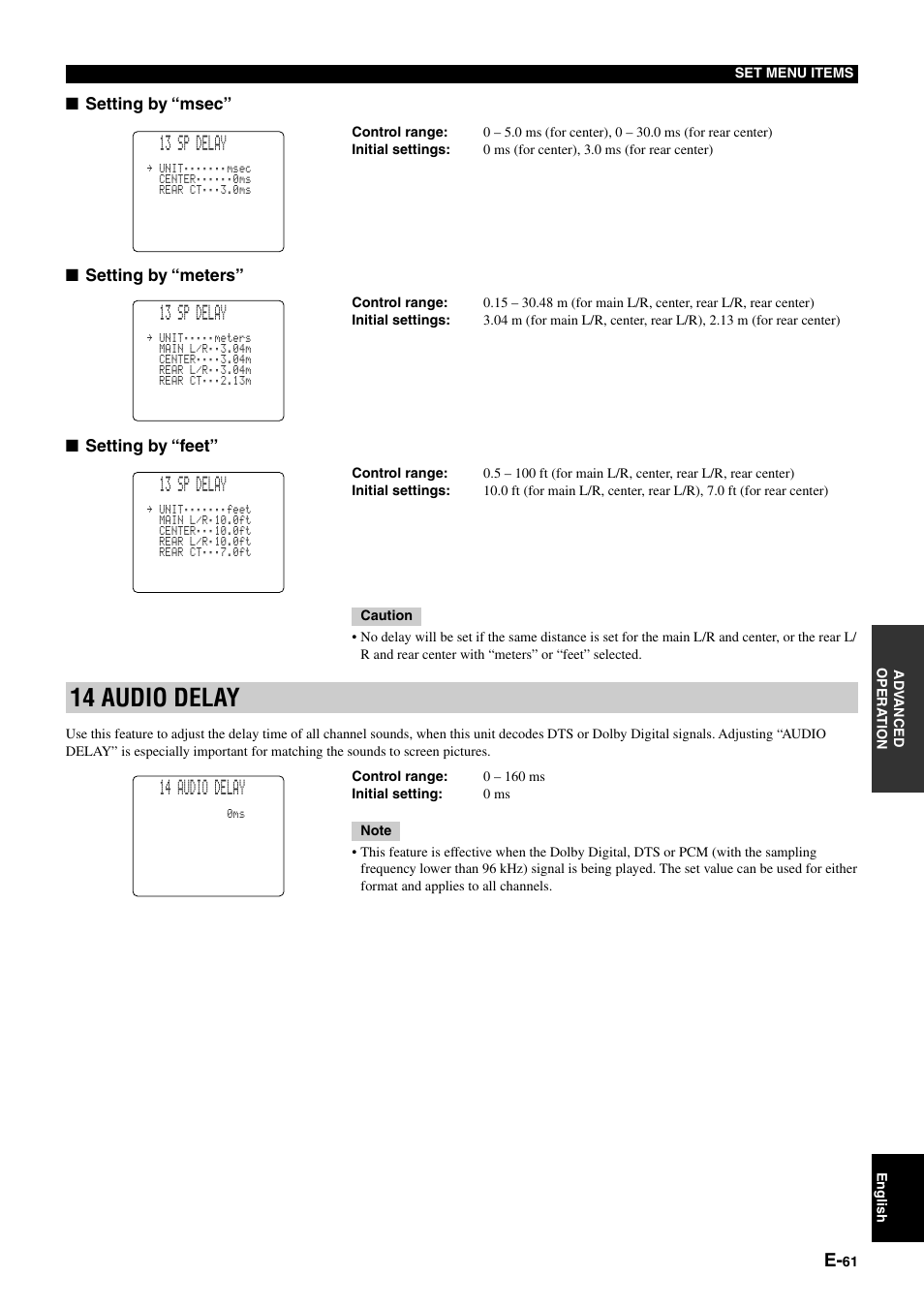 14 audio delay, 13 sp delay | Yamaha DSP-AZ1 User Manual | Page 63 / 110