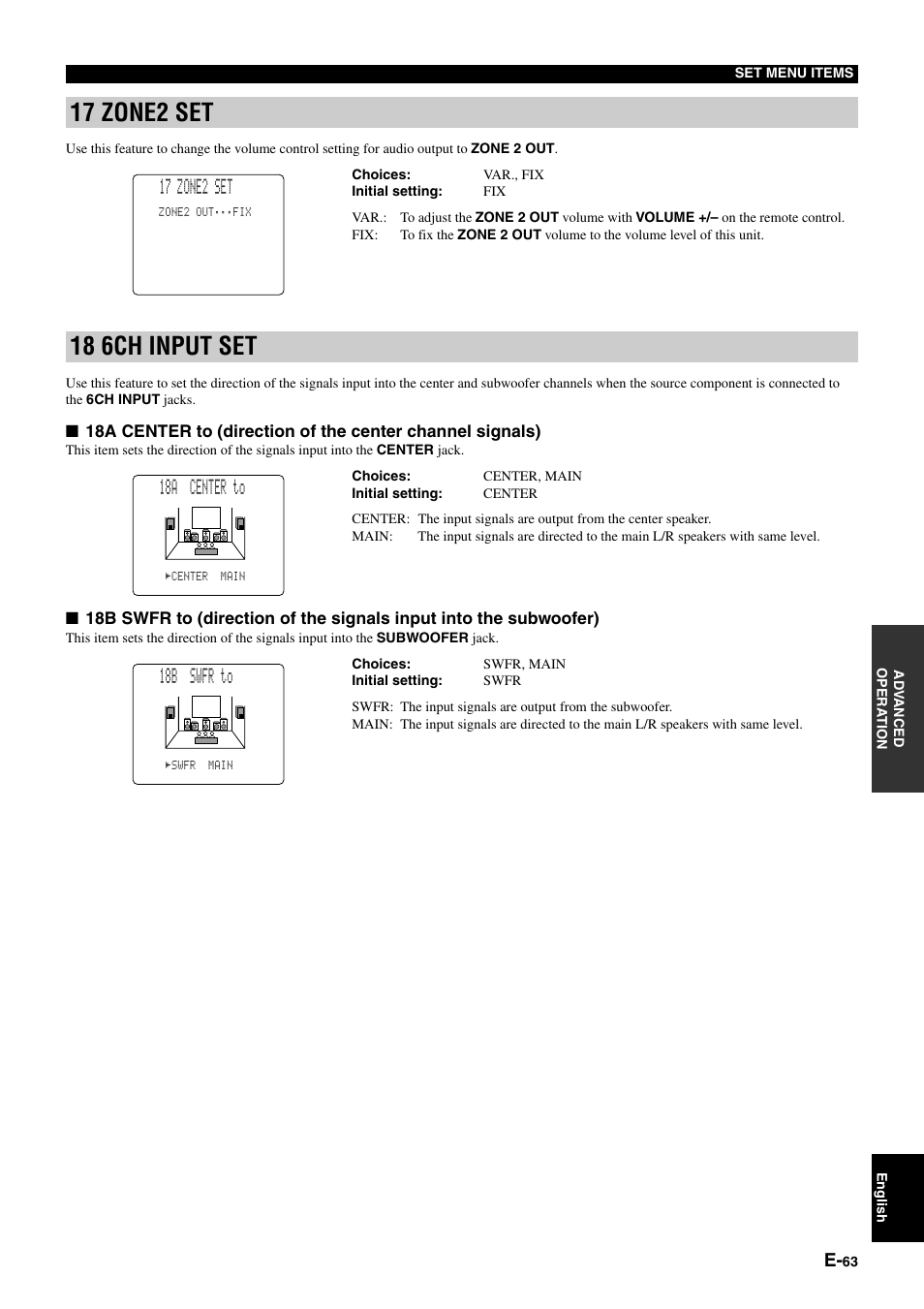 17 zone2 set, 18 6ch input set, 18a center to | 18b swfr to | Yamaha DSP-AZ1 User Manual | Page 65 / 110