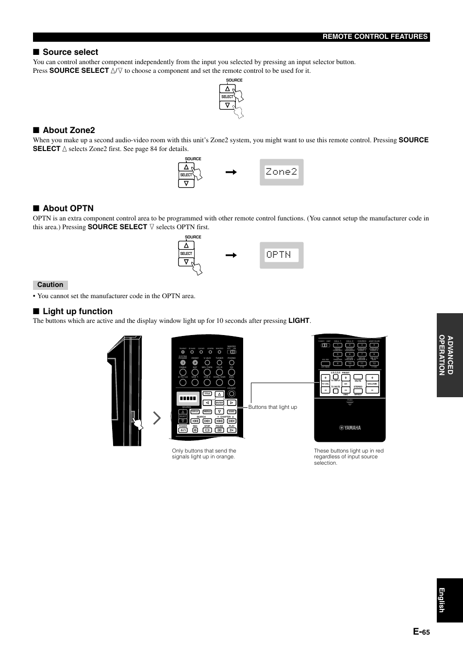 Zone2, Optn, Source select | About zone2, About optn, Light up function, 65 ad v anced opera tion english | Yamaha DSP-AZ1 User Manual | Page 67 / 110