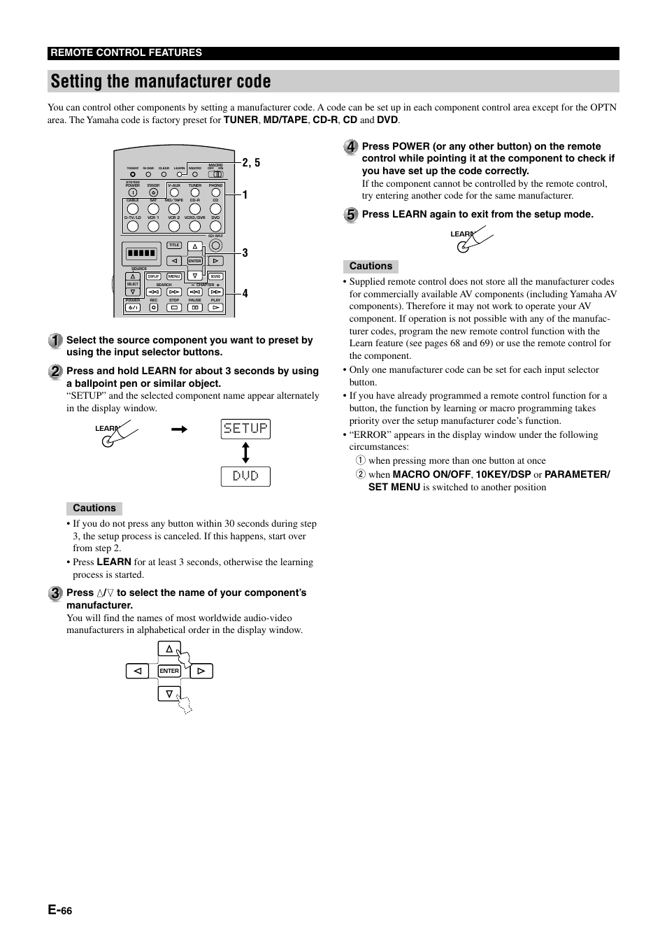 Setting the manufacturer code, Setup dvd | Yamaha DSP-AZ1 User Manual | Page 68 / 110