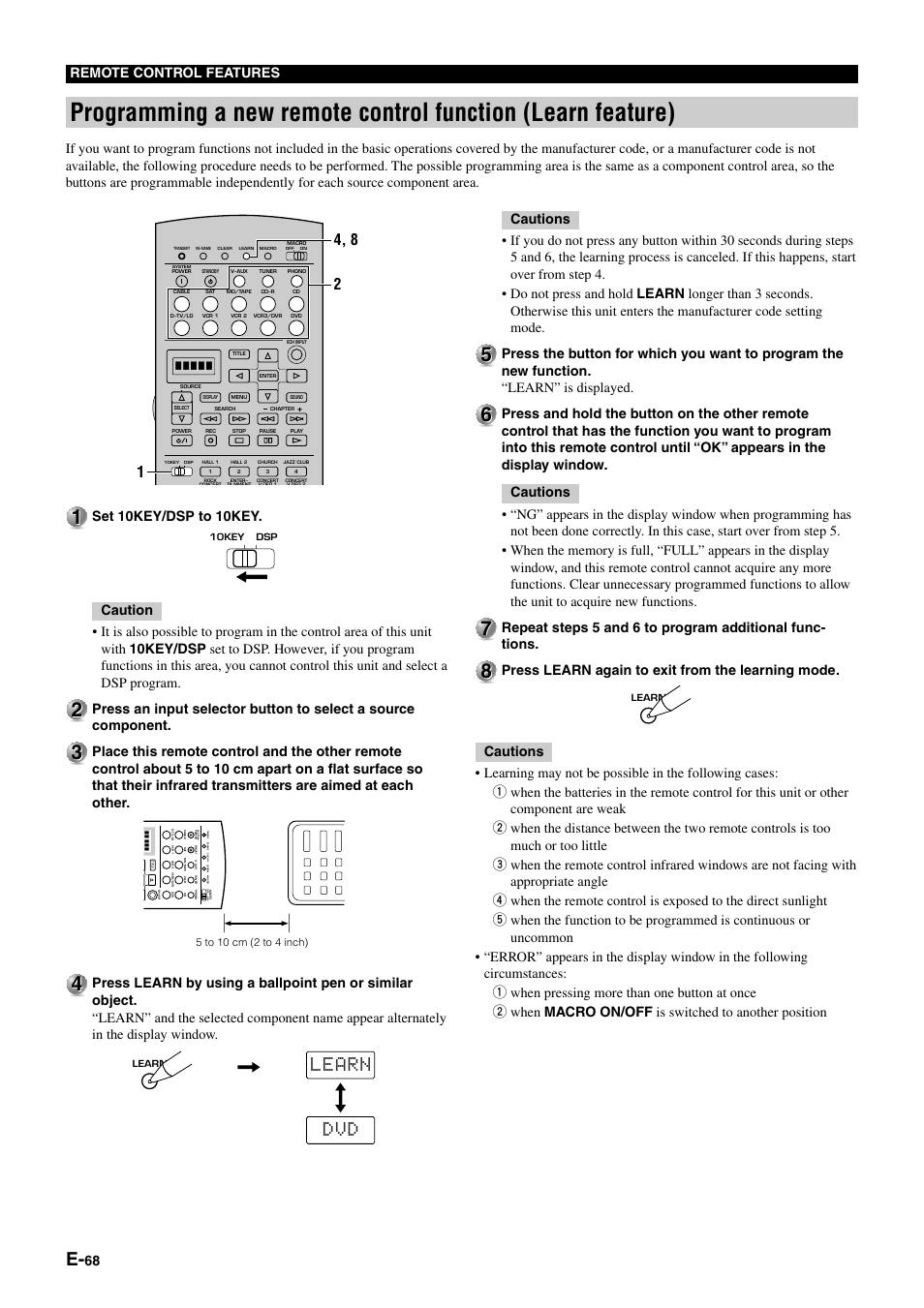 Learn dvd, 68 remote control features | Yamaha DSP-AZ1 User Manual | Page 70 / 110