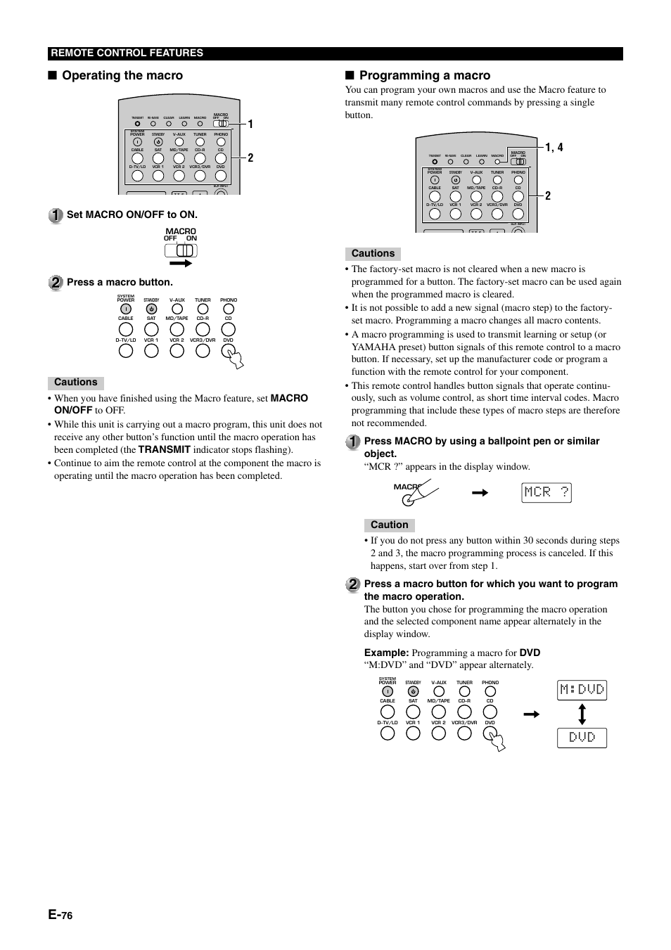 M:dvd dvd, Operating the macro, Programming a macro | 76 remote control features, Set macro on/off to on | Yamaha DSP-AZ1 User Manual | Page 78 / 110