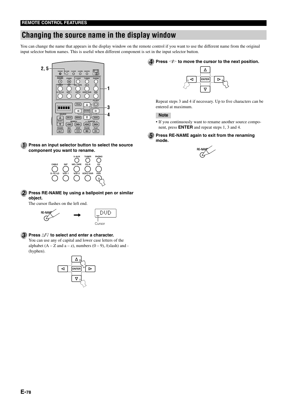 Changing the source name in the display window, 78 remote control features, Press re-name again to exit from the renaming mode | Yamaha DSP-AZ1 User Manual | Page 80 / 110