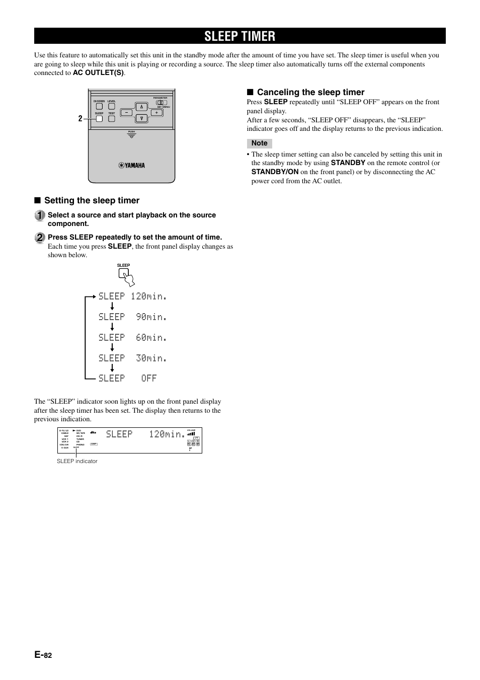 Sleep timer, Setting the sleep timer, Sleep 120min | Canceling the sleep timer | Yamaha DSP-AZ1 User Manual | Page 84 / 110