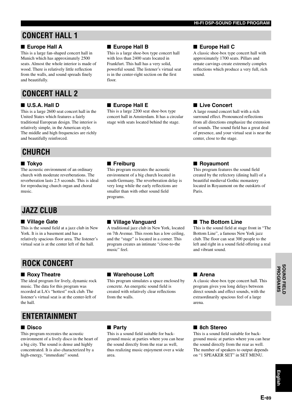 Concert hall 1, Concert hall 2, Church | Jazz club, Rock concert, Entertainment | Yamaha DSP-AZ1 User Manual | Page 91 / 110