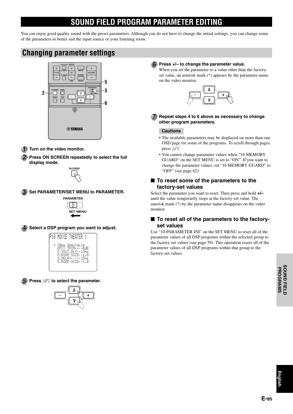 Sound field program parameter editing, Changing parameter settings | Yamaha DSP-AZ1 User Manual | Page 97 / 110