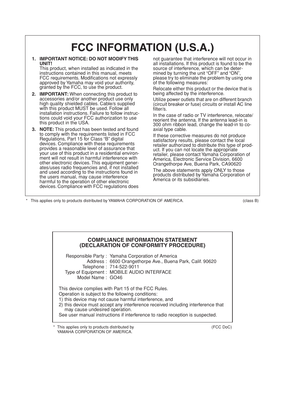 Fcc information (u.s.a.) | Yamaha GO46 User Manual | Page 3 / 29