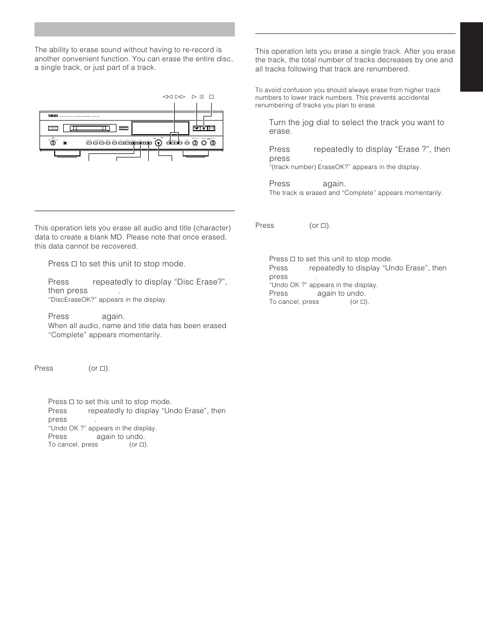 Erase, Disc erase, Track erase | English erase, Press & to set this unit to stop mode, Press enter again | Yamaha MDX-793 User Manual | Page 19 / 29