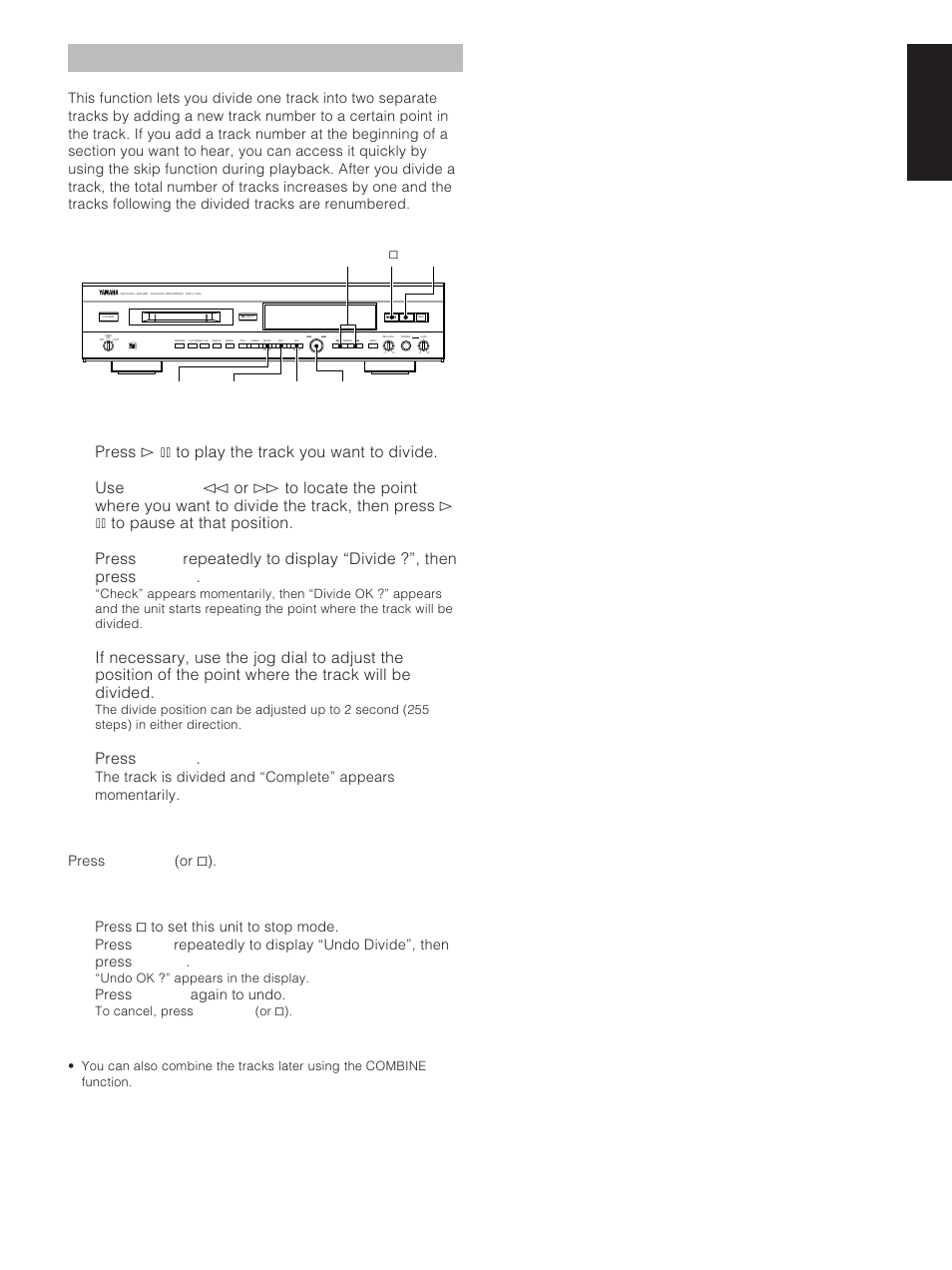 Divide, English divide, Press # / * to play the track you want to divide | Press enter | Yamaha MDX-793 User Manual | Page 21 / 29