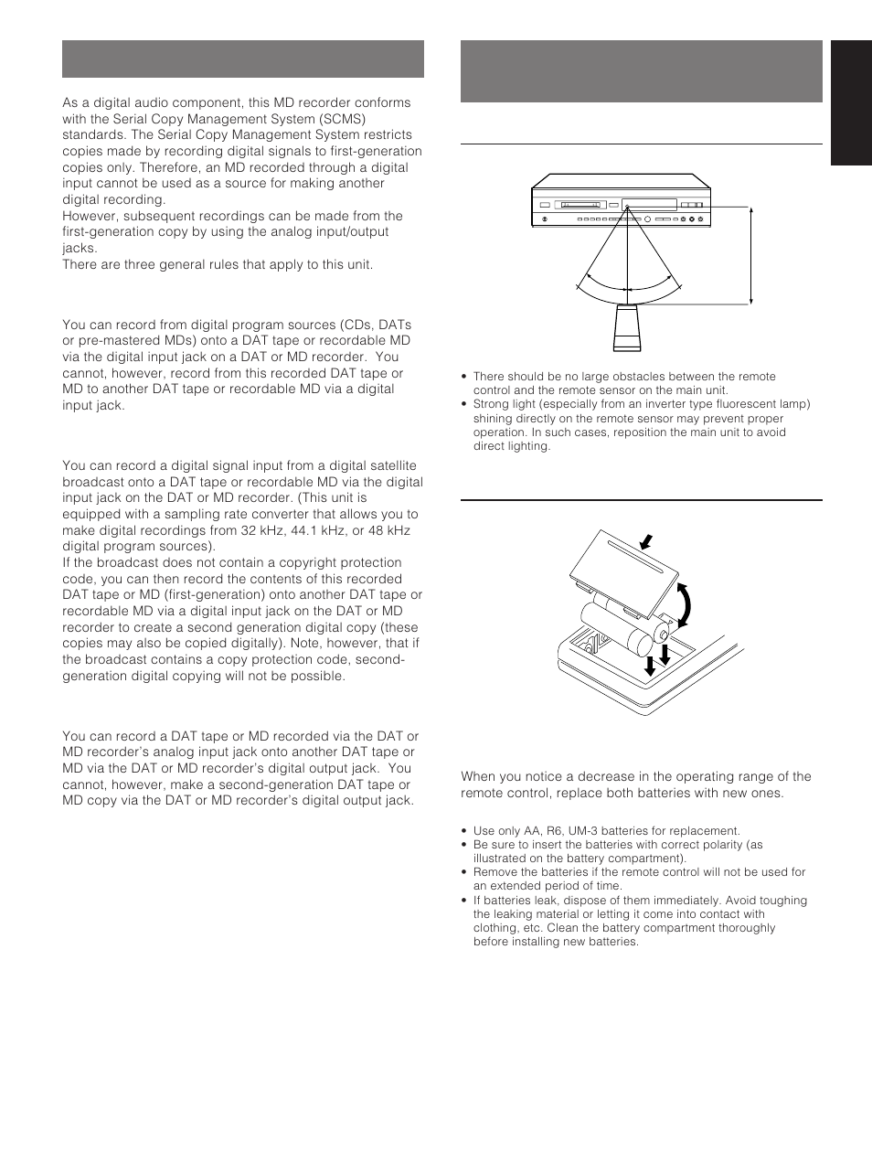 Copy protection (scms), Notes regarding the remote control, Remote control operation range | Battery installation, English | Yamaha MDX-793 User Manual | Page 25 / 29