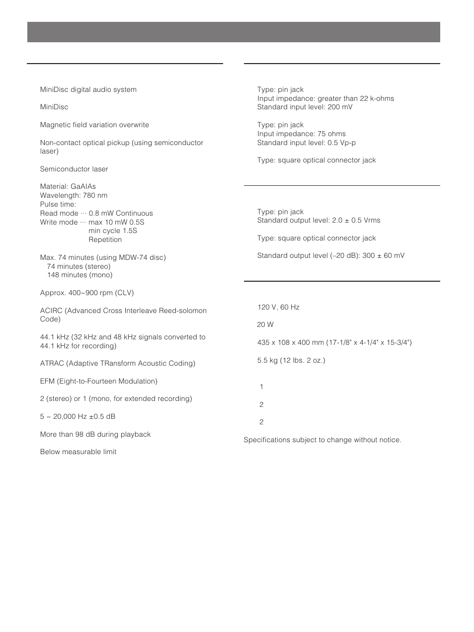 Specifications, Inputs, Outputs | General, Digital audio system | Yamaha MDX-793 User Manual | Page 28 / 29