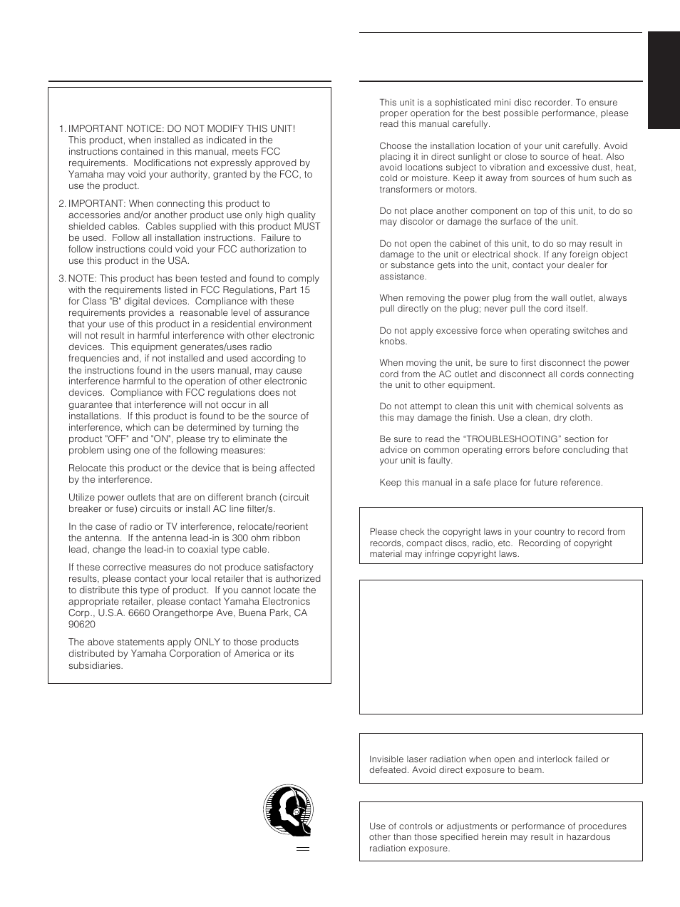 Fcc information (u.s.a.), English | Yamaha MDX-793 User Manual | Page 3 / 29