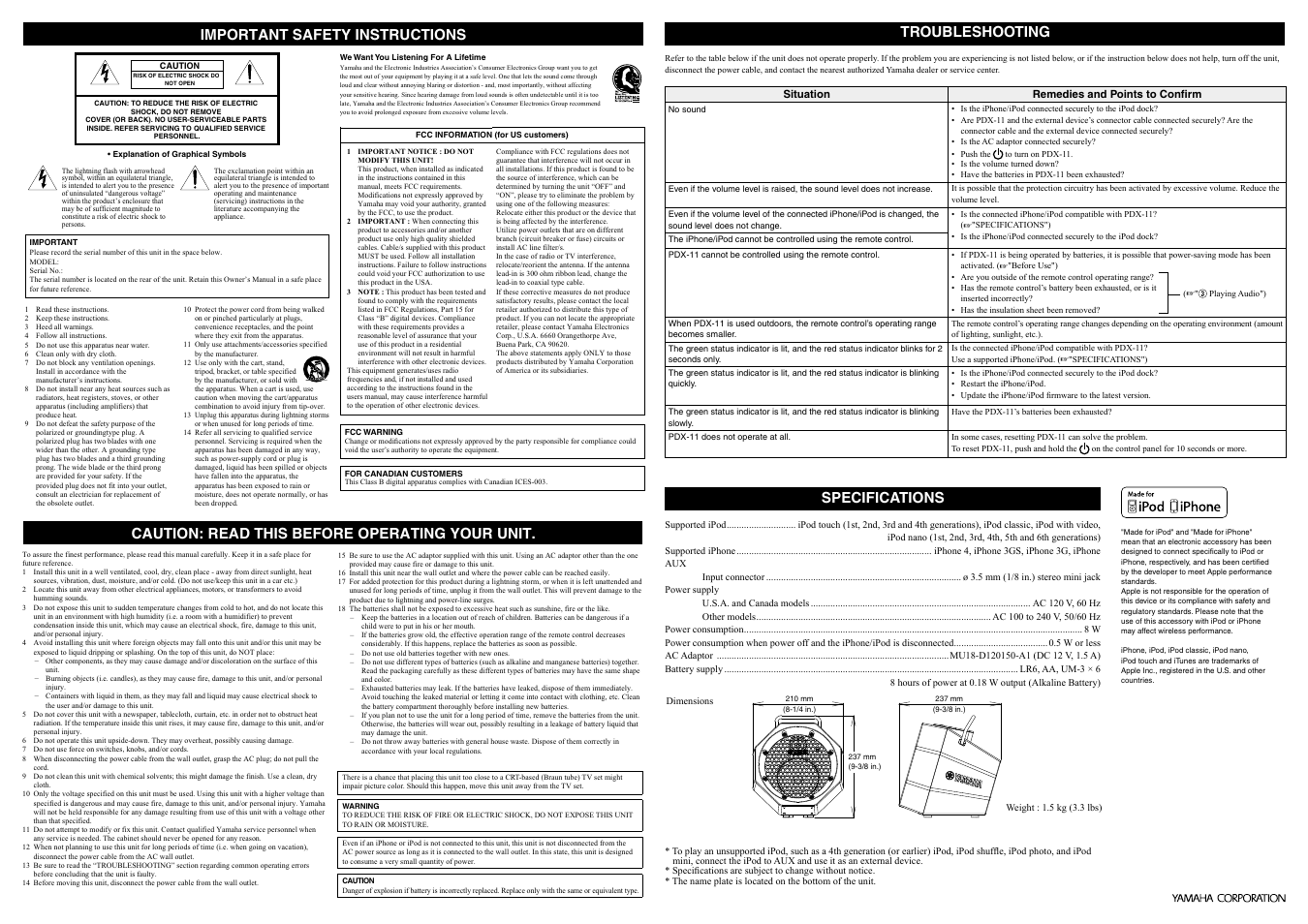 Important safety instructions, Caution: read this before operating your unit, Troubleshooting specifications | Yamaha PDX-11 User Manual | Page 2 / 2