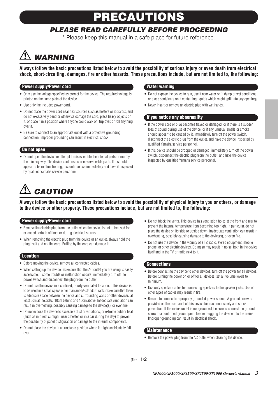 Precautions, Warning, Caution | Please read carefully before proceeding | Yamaha XP2500 User Manual | Page 3 / 20