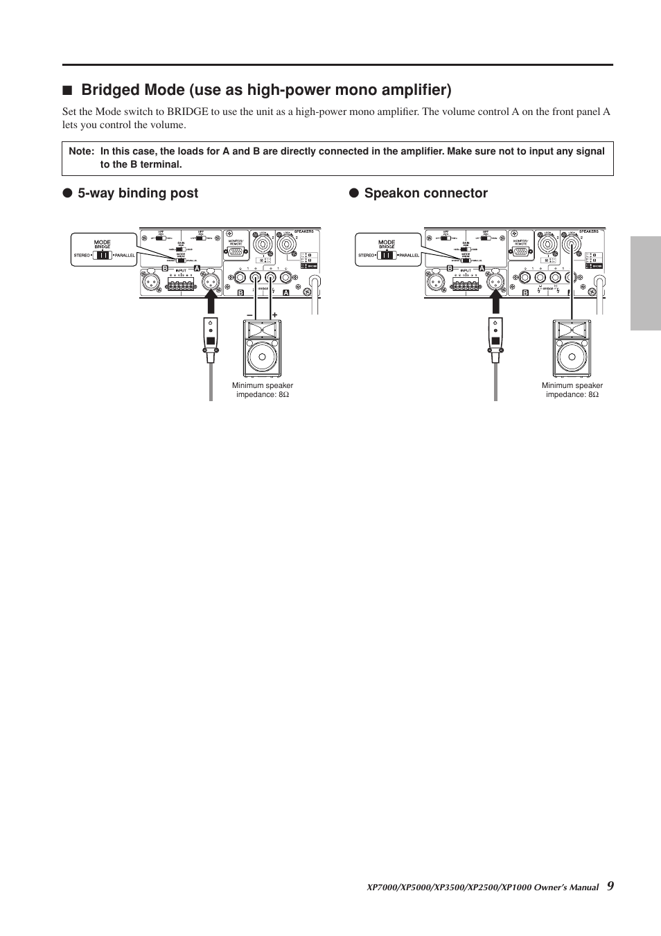 Bridged mode (use as high-power mono amplifier), Way binding post ● speakon connector | Yamaha XP2500 User Manual | Page 9 / 20