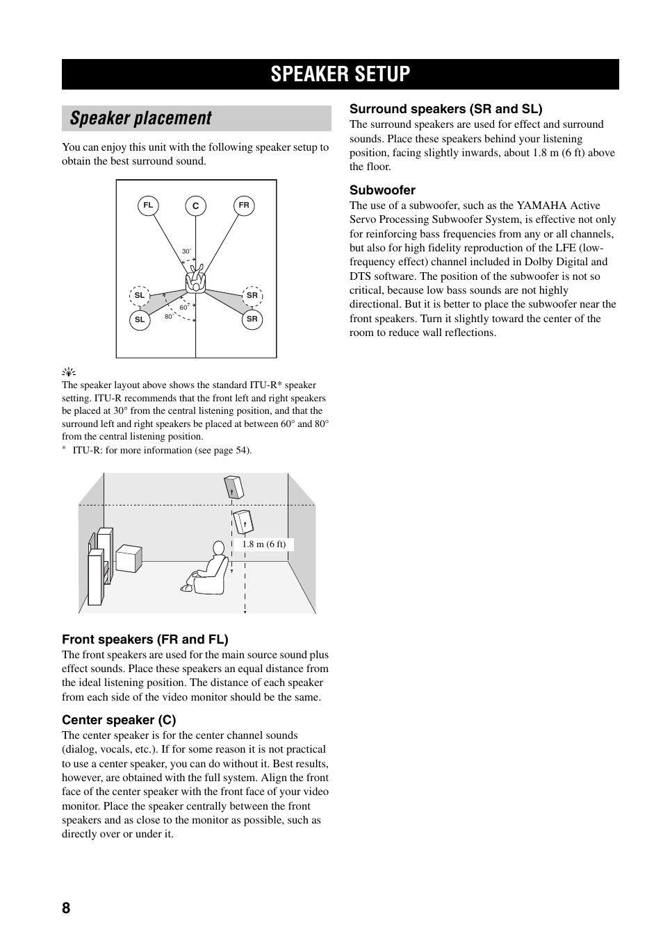 Preparation, Speaker setup, Speaker placement | Yamaha RX-SL80 User Manual | Page 12 / 62