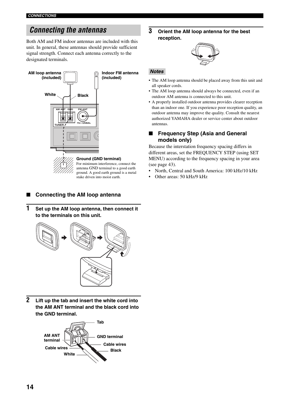 Connecting the antennas, Connecting the am loop antenna, Frequency step (asia and general models only) | Yamaha RX-SL80 User Manual | Page 18 / 62