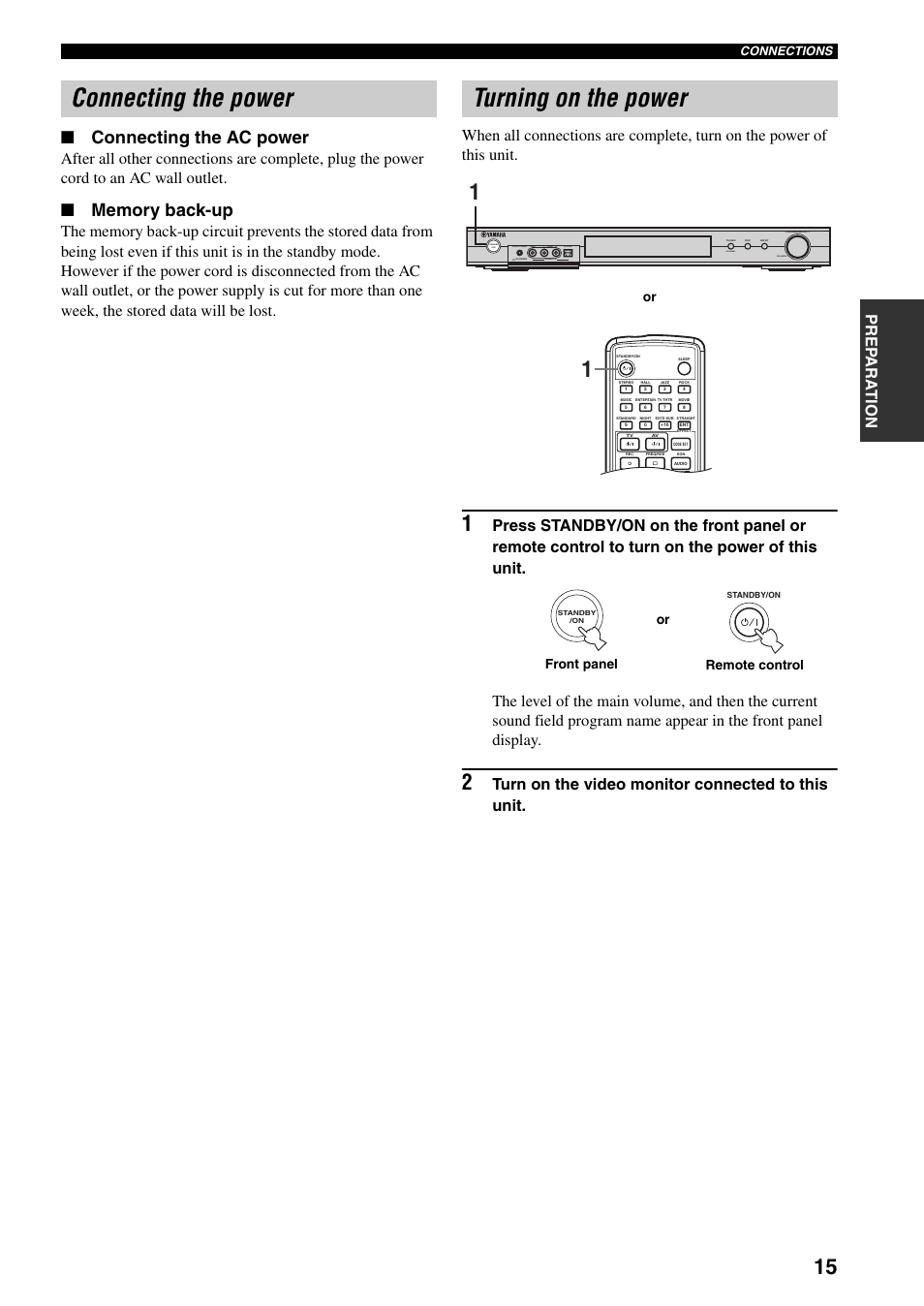 Connecting the power, Turning on the power, Connecting the power turning on the power | Connecting the ac power, Prep ara tion, Turn on the video monitor connected to this unit, Optical l r, Or front panel remote control | Yamaha RX-SL80 User Manual | Page 19 / 62