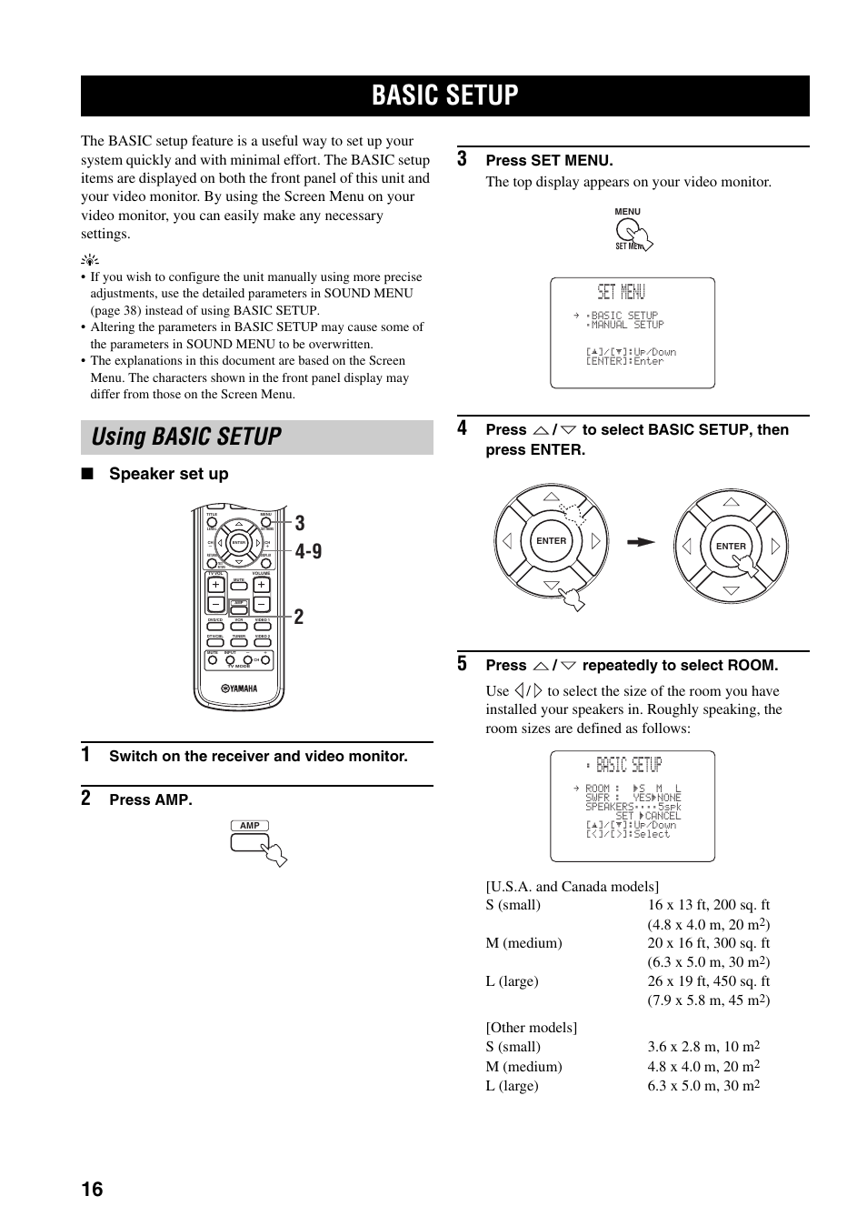 Basic setup, Using basic setup, Set menu | Speaker set up, Switch on the receiver and video monitor, Press amp, Press / to select basic setup, then press enter | Yamaha RX-SL80 User Manual | Page 20 / 62