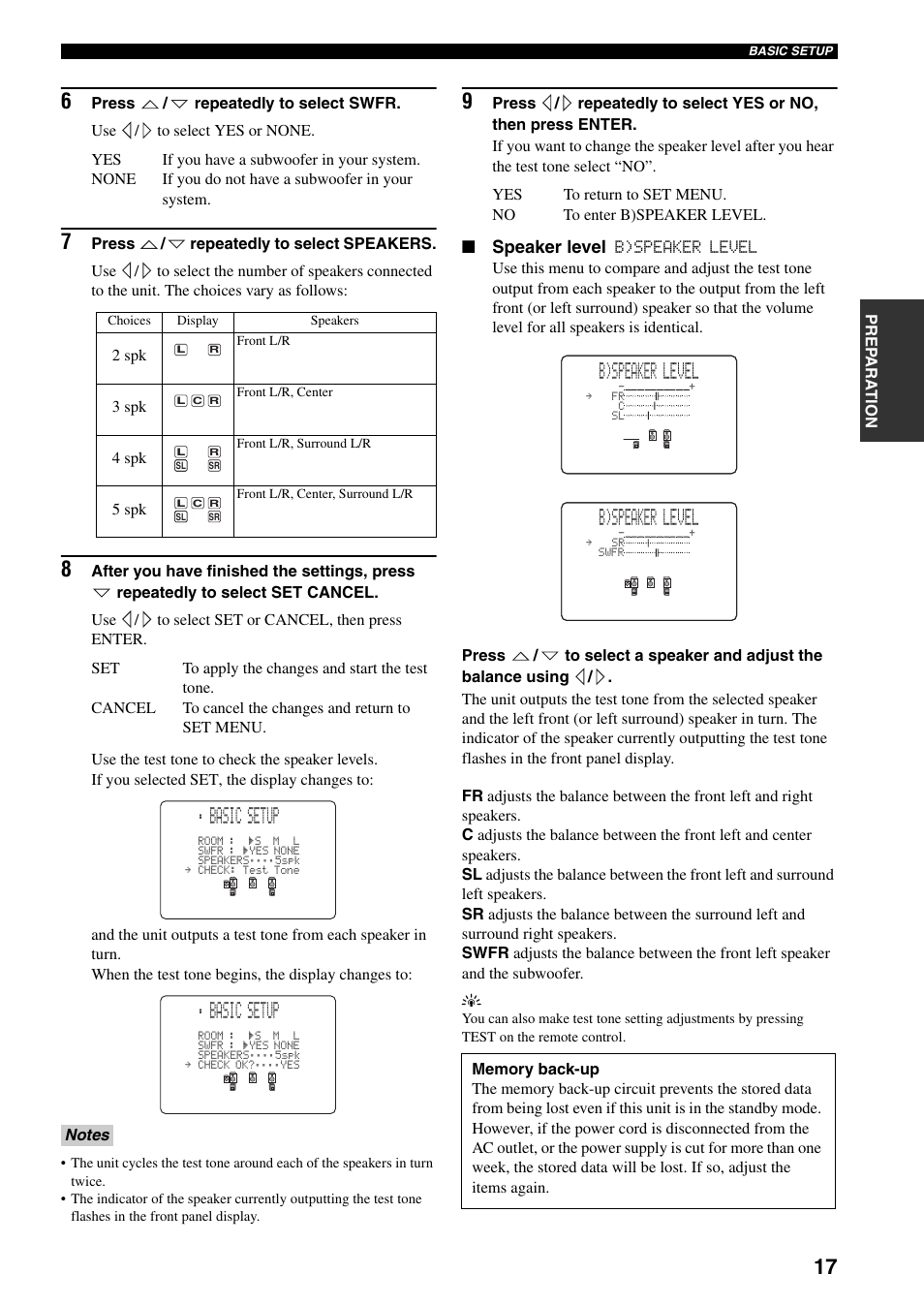 Basic setup, B)speaker level, Speaker level | Yamaha RX-SL80 User Manual | Page 21 / 62