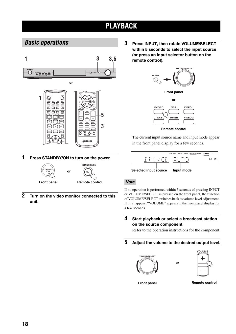 Basic operation, Playback, Basic operations | Press standby/on to turn on the power, Turn on the video monitor connected to this unit, Adjust the volume to the desired output level, Optical l r, Front panel remote control or, Or front panel remote control, Selected input source input mode | Yamaha RX-SL80 User Manual | Page 22 / 62