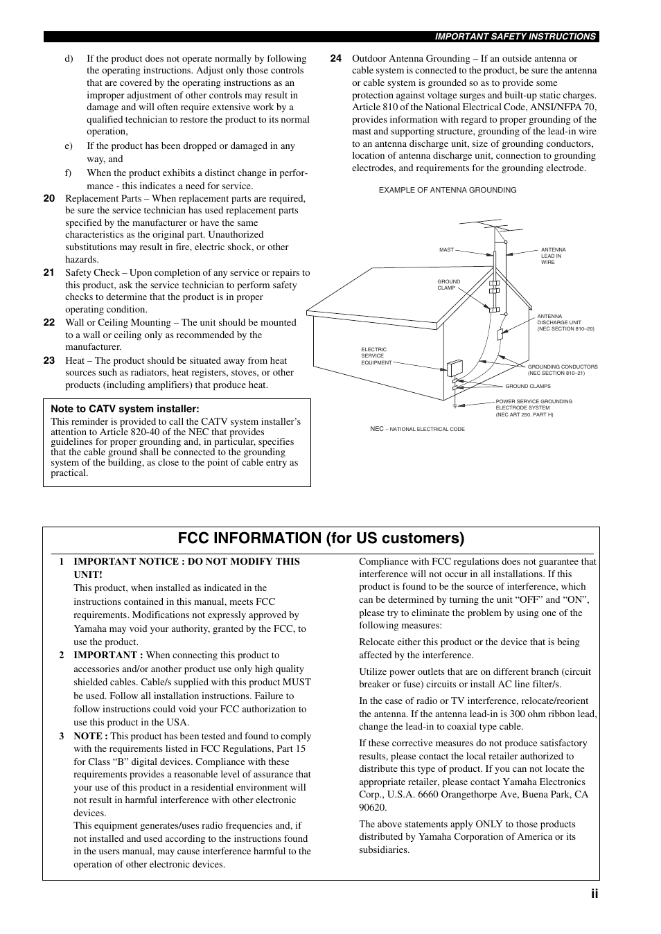 Fcc information (for us customers) | Yamaha RX-SL80 User Manual | Page 3 / 62