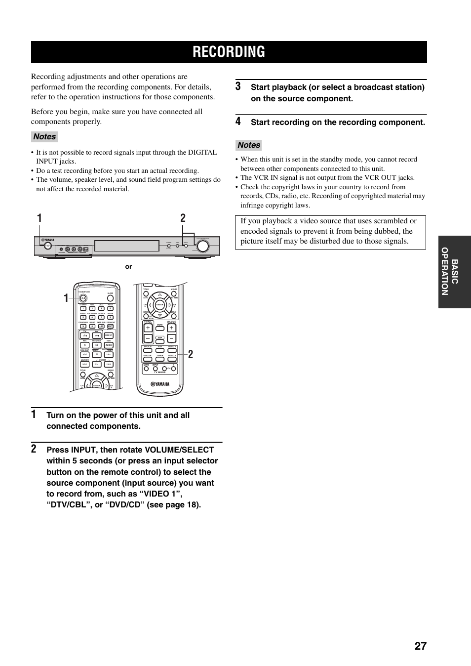 Recording, Start recording on the recording component, Optical l r | Yamaha RX-SL80 User Manual | Page 31 / 62