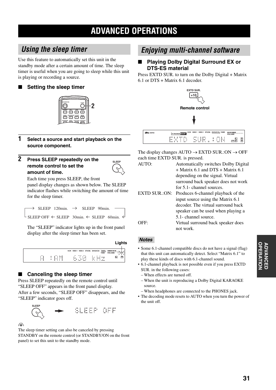 Advanced operation, Advanced operations, Using the sleep timer | Enjoying multi-channel software, Setting the sleep timer, Canceling the sleep timer | Yamaha RX-SL80 User Manual | Page 35 / 62