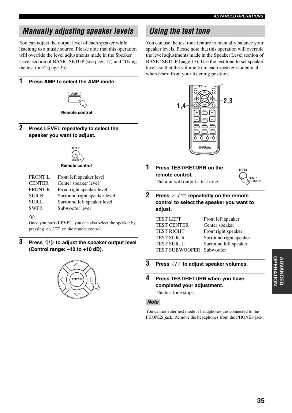 Manually adjusting speaker levels, Using the test tone | Yamaha RX-SL80 User Manual | Page 39 / 62