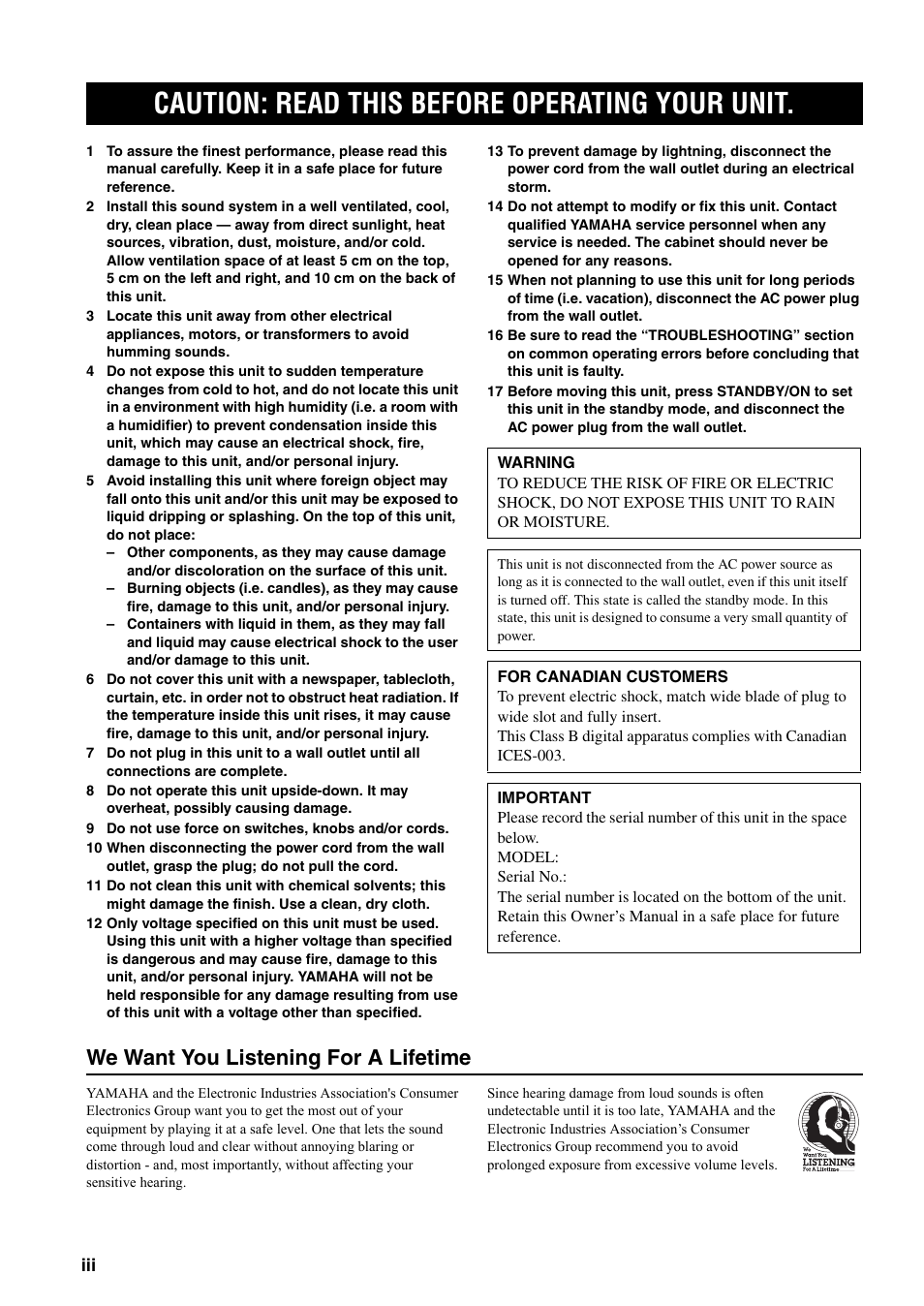 Caution: read this before operating your unit, We want you listening for a lifetime | Yamaha RX-SL80 User Manual | Page 4 / 62