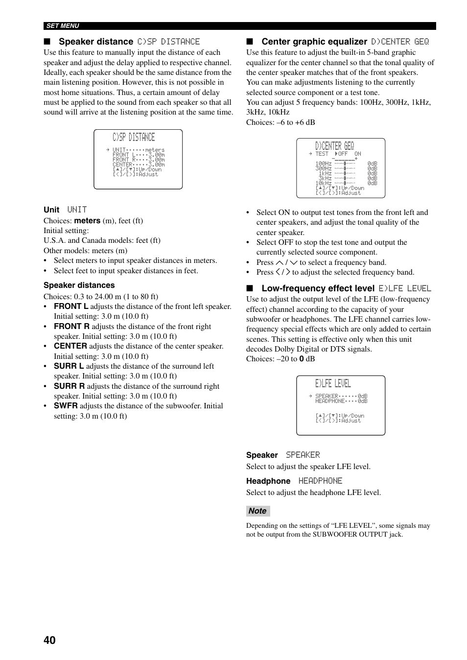 C)sp distance, D)center geq, E)lfe level | Yamaha RX-SL80 User Manual | Page 44 / 62