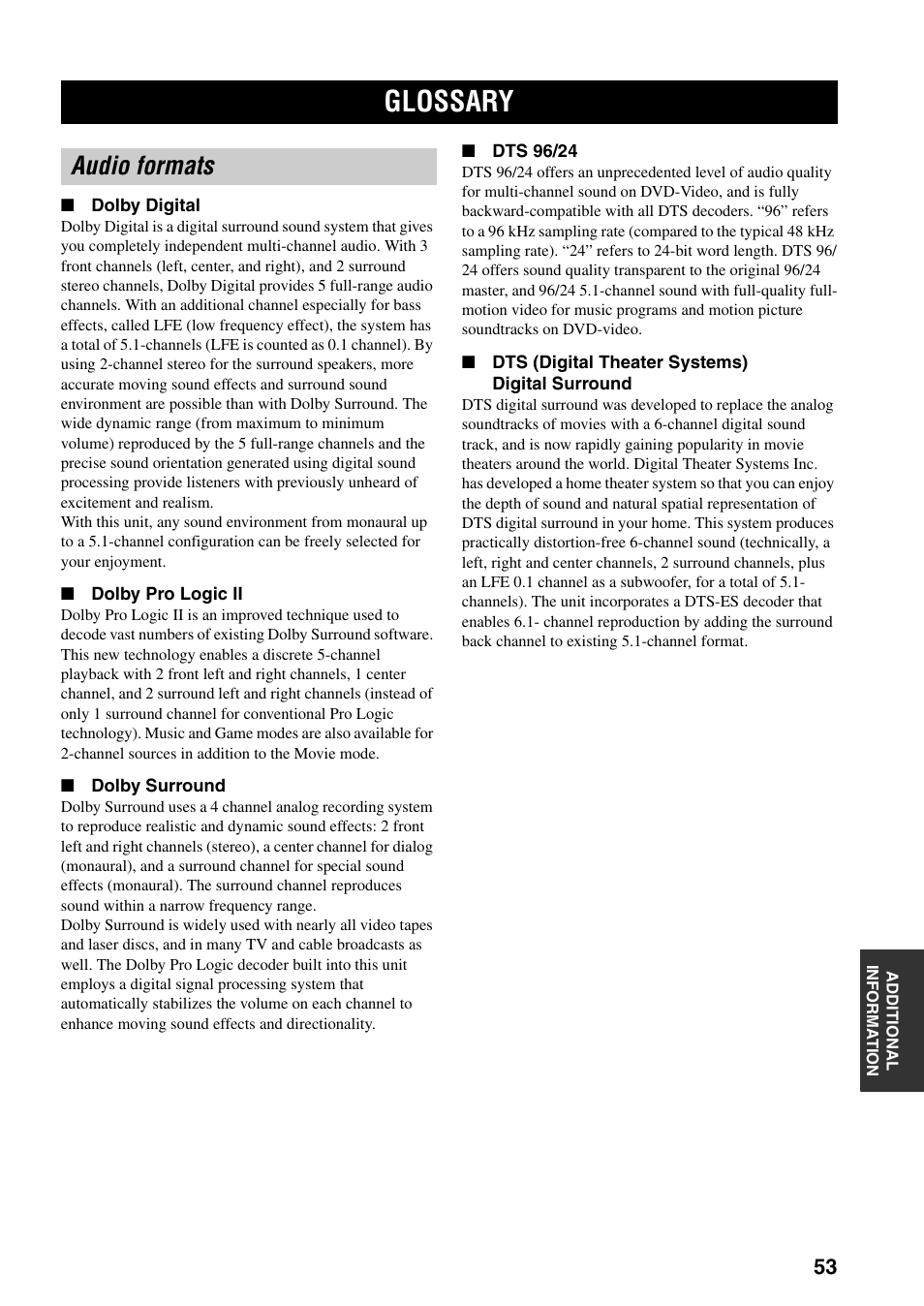 Glossary, Audio formats | Yamaha RX-SL80 User Manual | Page 57 / 62