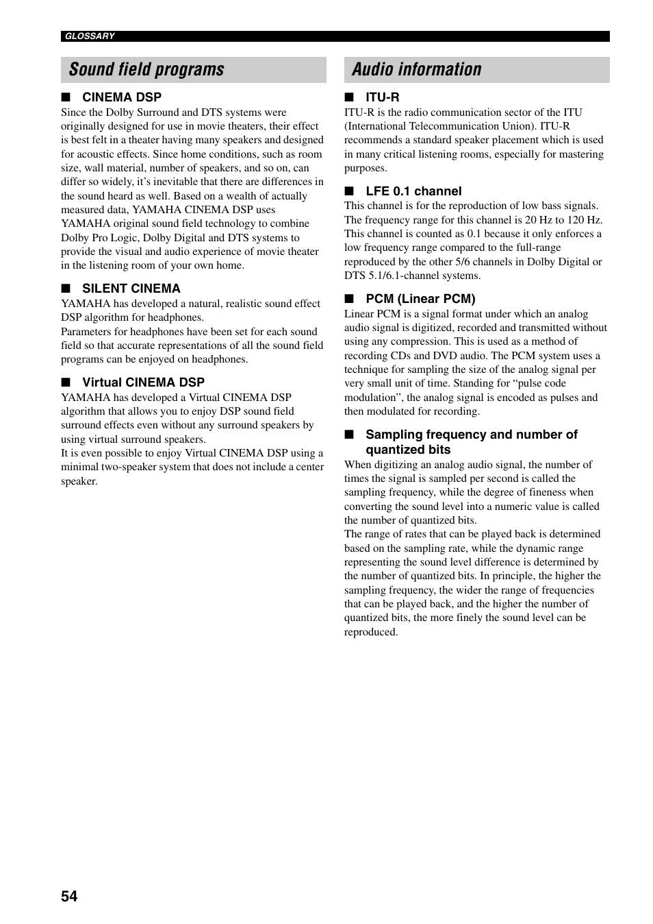 Sound field programs, Audio information, Sound field programs audio information | Yamaha RX-SL80 User Manual | Page 58 / 62