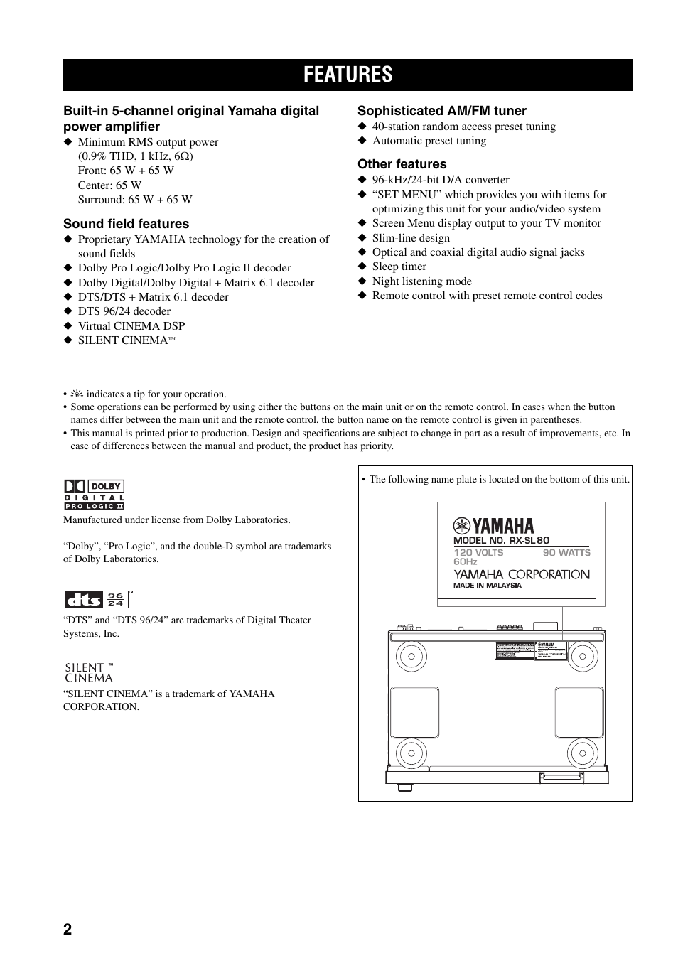 Introduction, Features | Yamaha RX-SL80 User Manual | Page 6 / 62