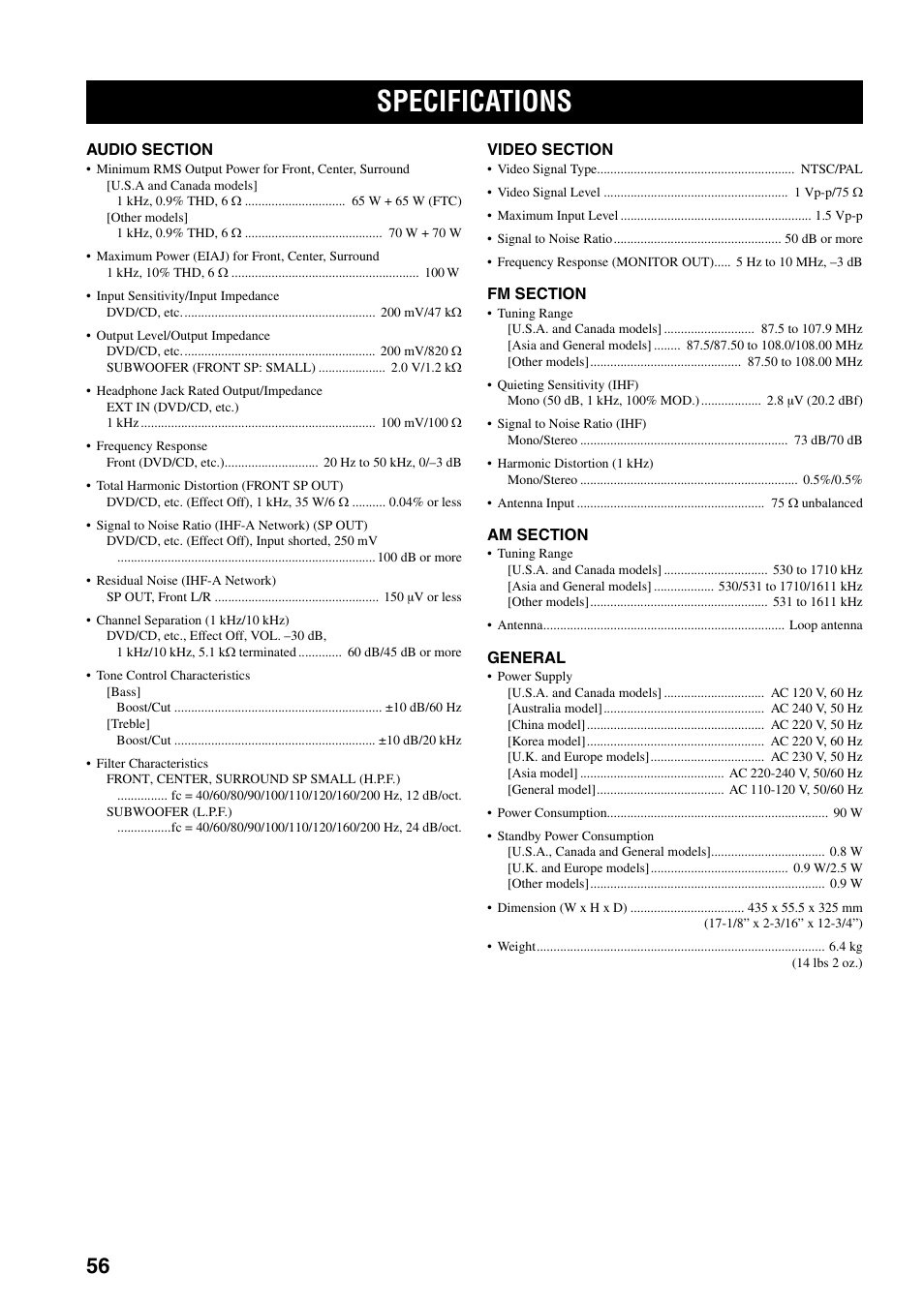 Specifications | Yamaha RX-SL80 User Manual | Page 60 / 62