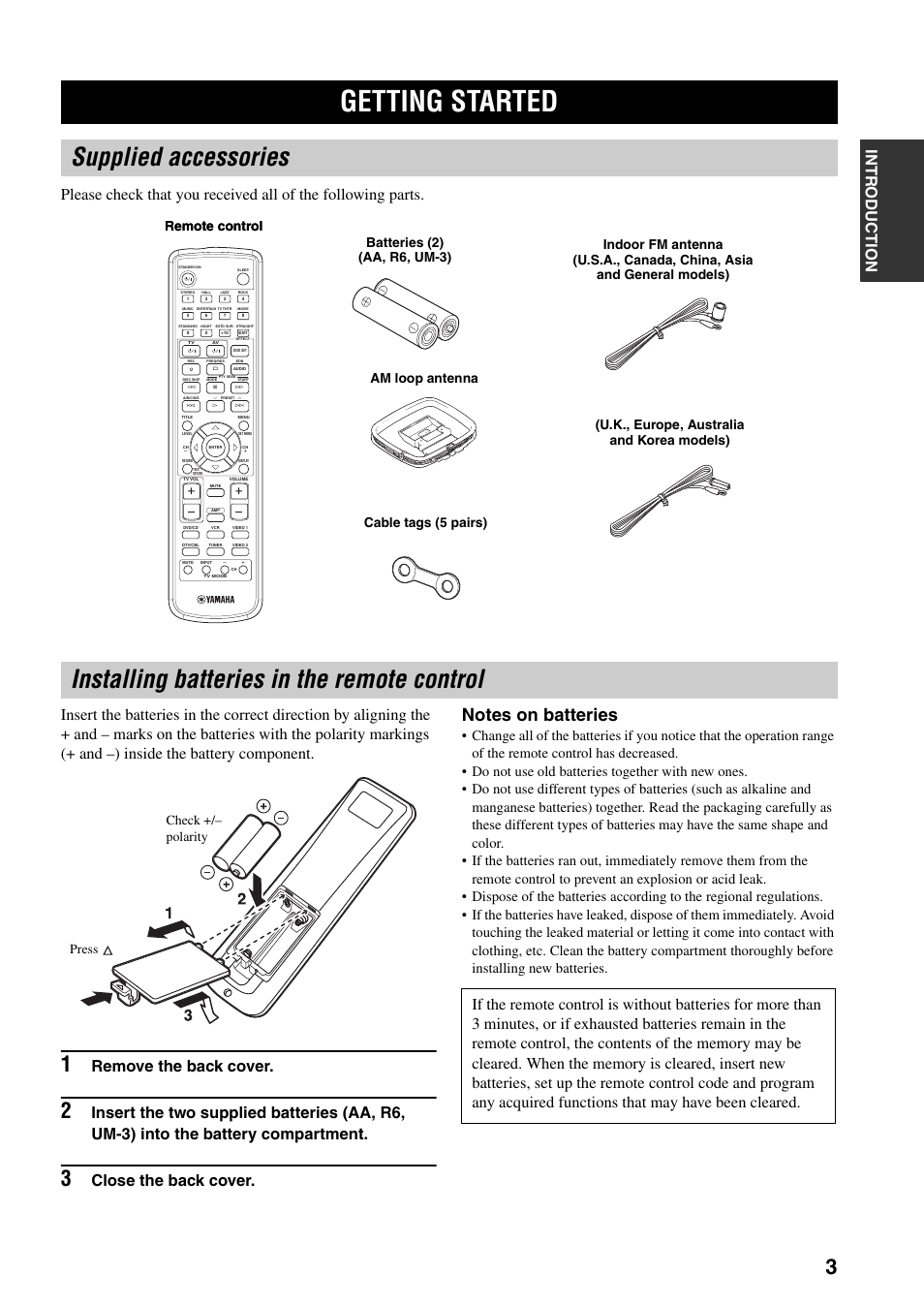 Getting started, Supplied accessories, Installing batteries in the remote control | Remove the back cover, Close the back cover, Check +/– polarity press | Yamaha RX-SL80 User Manual | Page 7 / 62