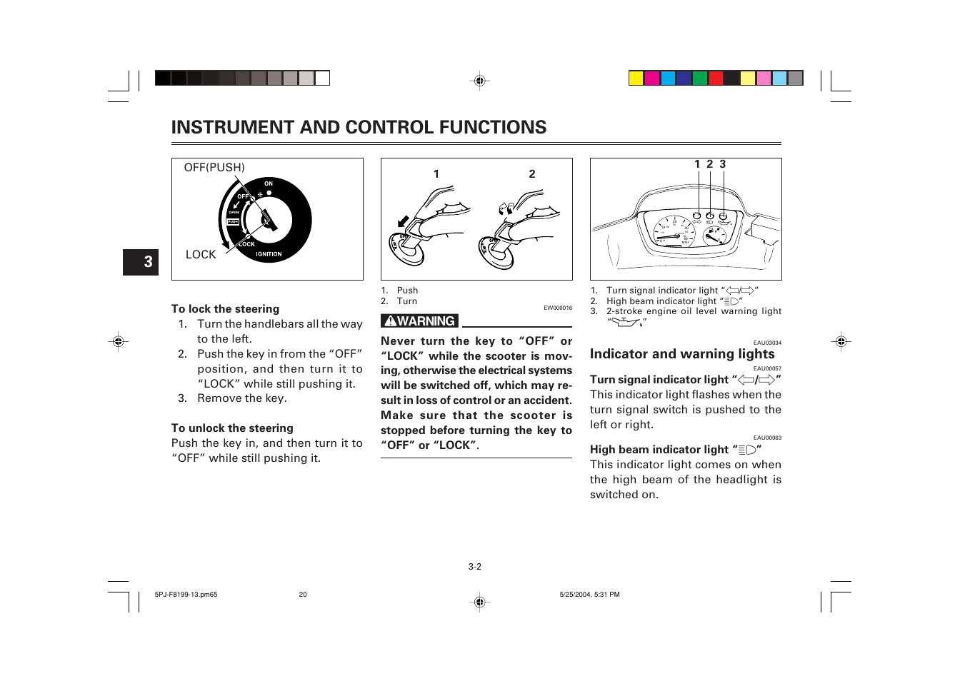 Indicator and warning lights, Instrument and control functions | Yamaha YW50T User Manual | Page 21 / 77