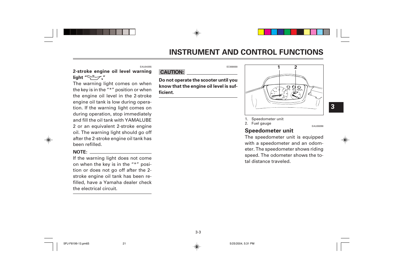 Instrument and control functions, Speedometer unit | Yamaha YW50T User Manual | Page 22 / 77