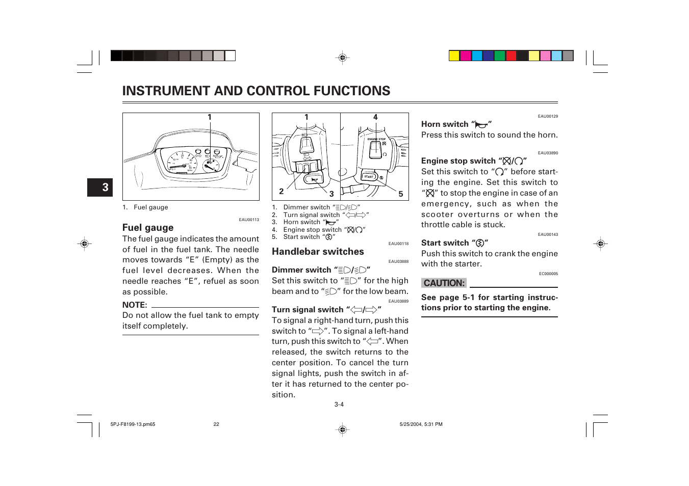 Handlebar switches, Instrument and control functions, Fuel gauge | Yamaha YW50T User Manual | Page 23 / 77