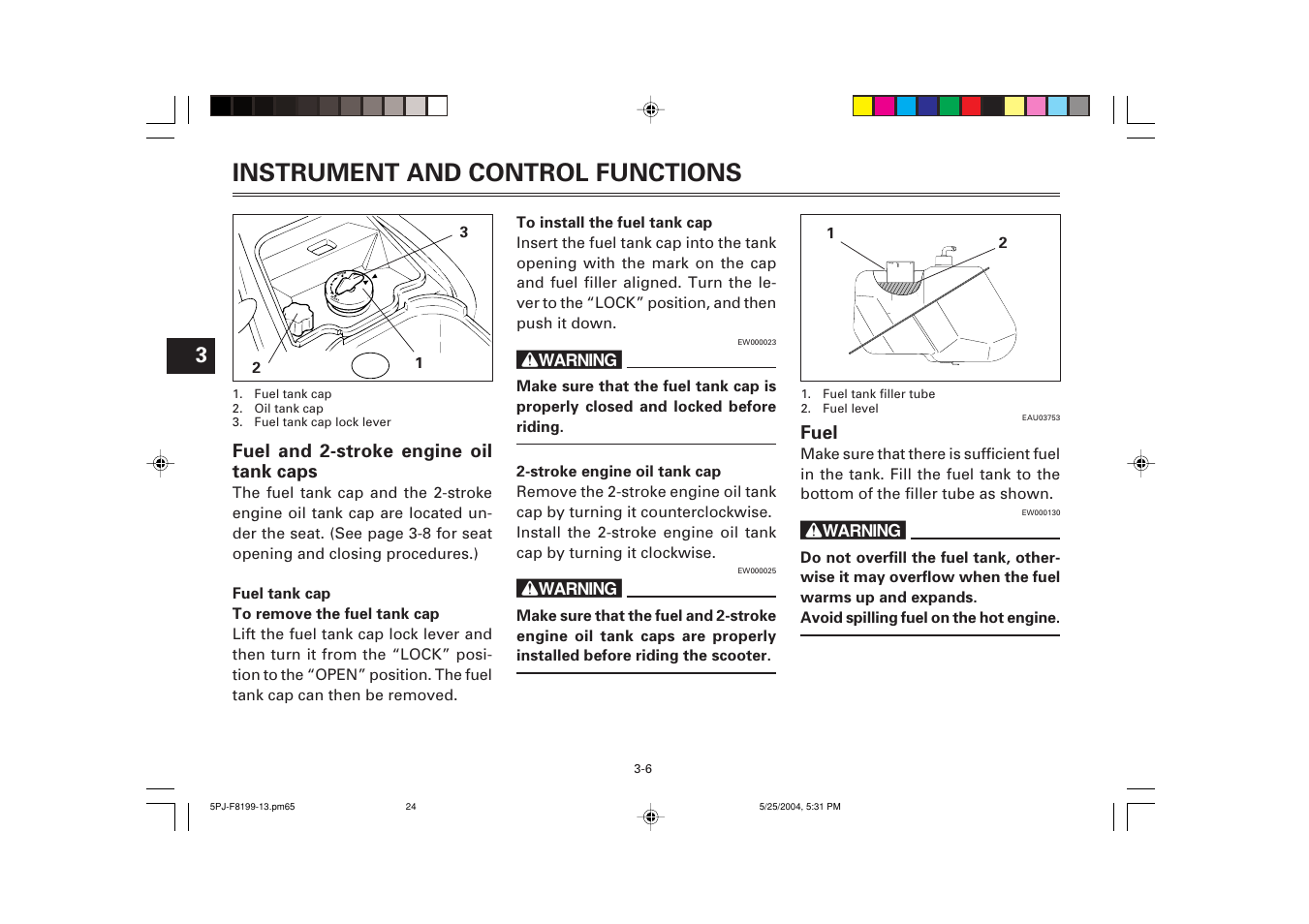 Fuel, Instrument and control functions | Yamaha YW50T User Manual | Page 25 / 77