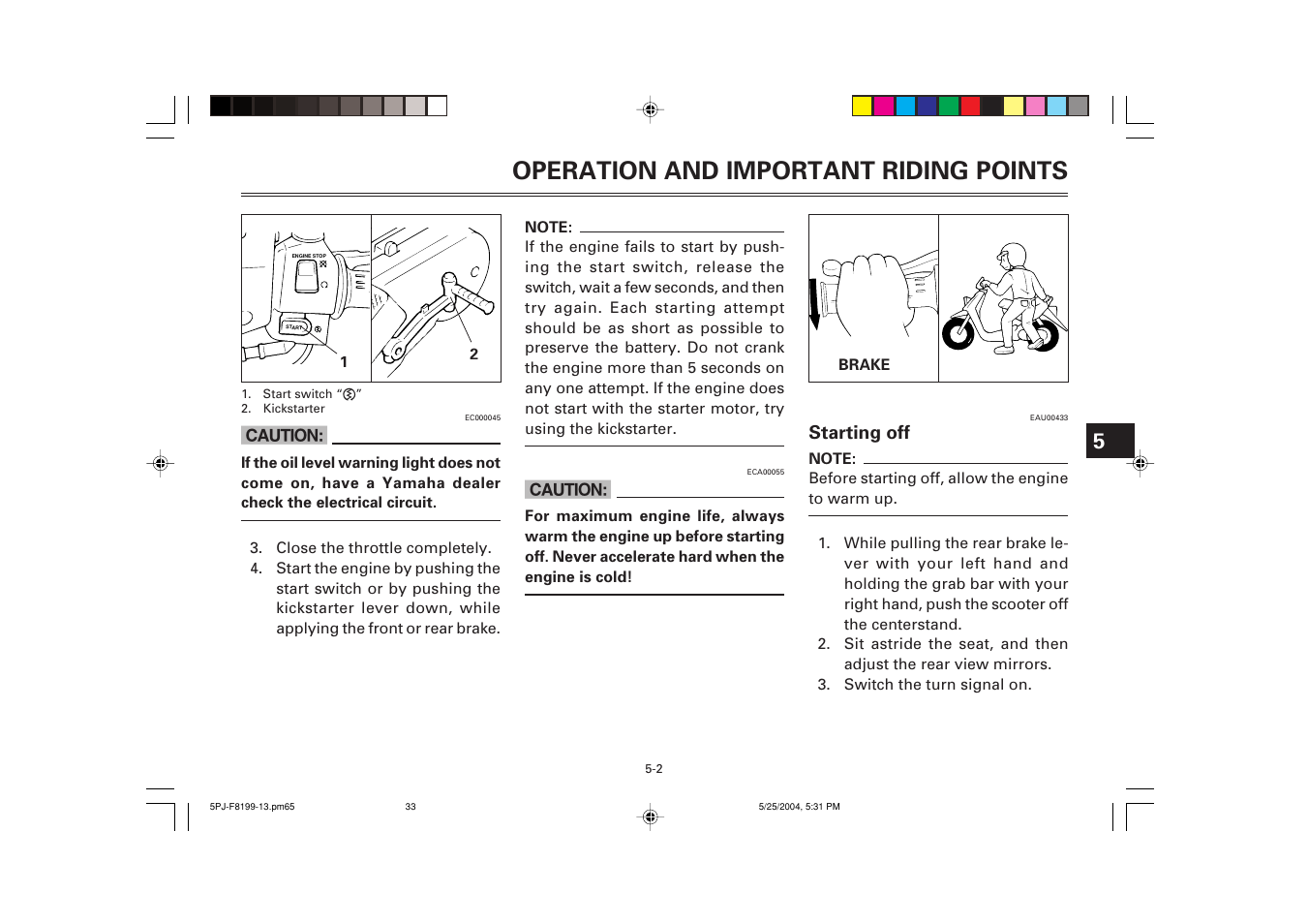 Starting off, Operation and important riding points | Yamaha YW50T User Manual | Page 34 / 77